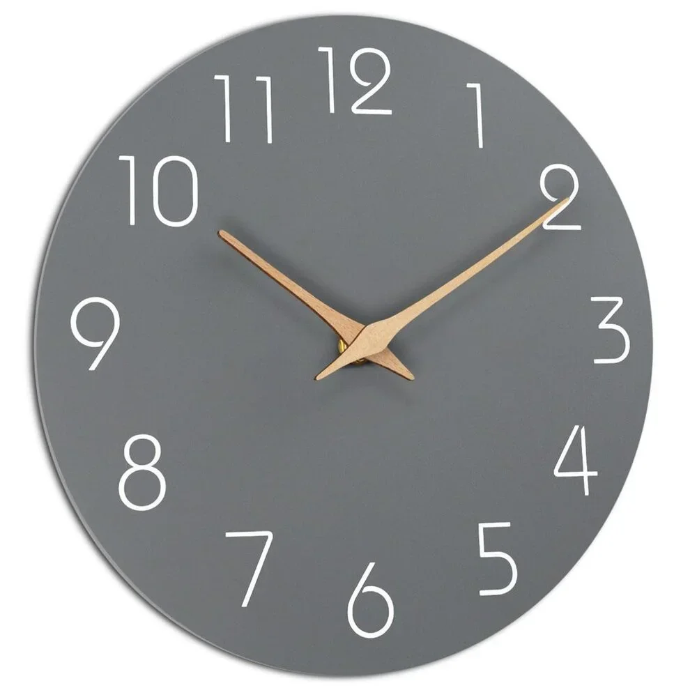 Modern Grey Wall Clock With Wooden Hands